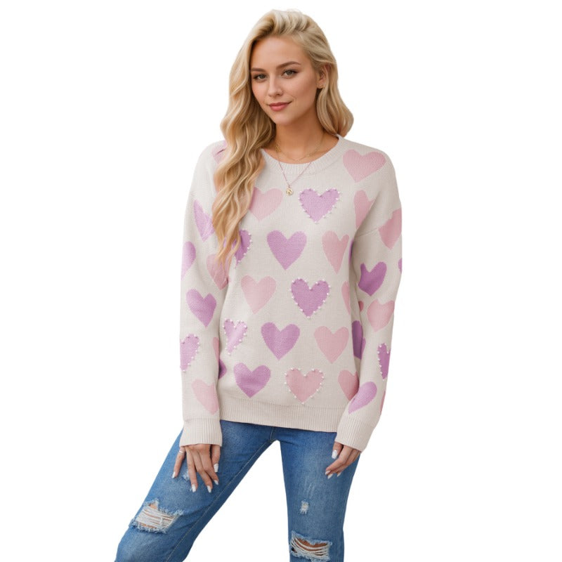 Wholesale Valentine's Day Round Neck Handmade Beaded Peach Heart Pullover Sweater
